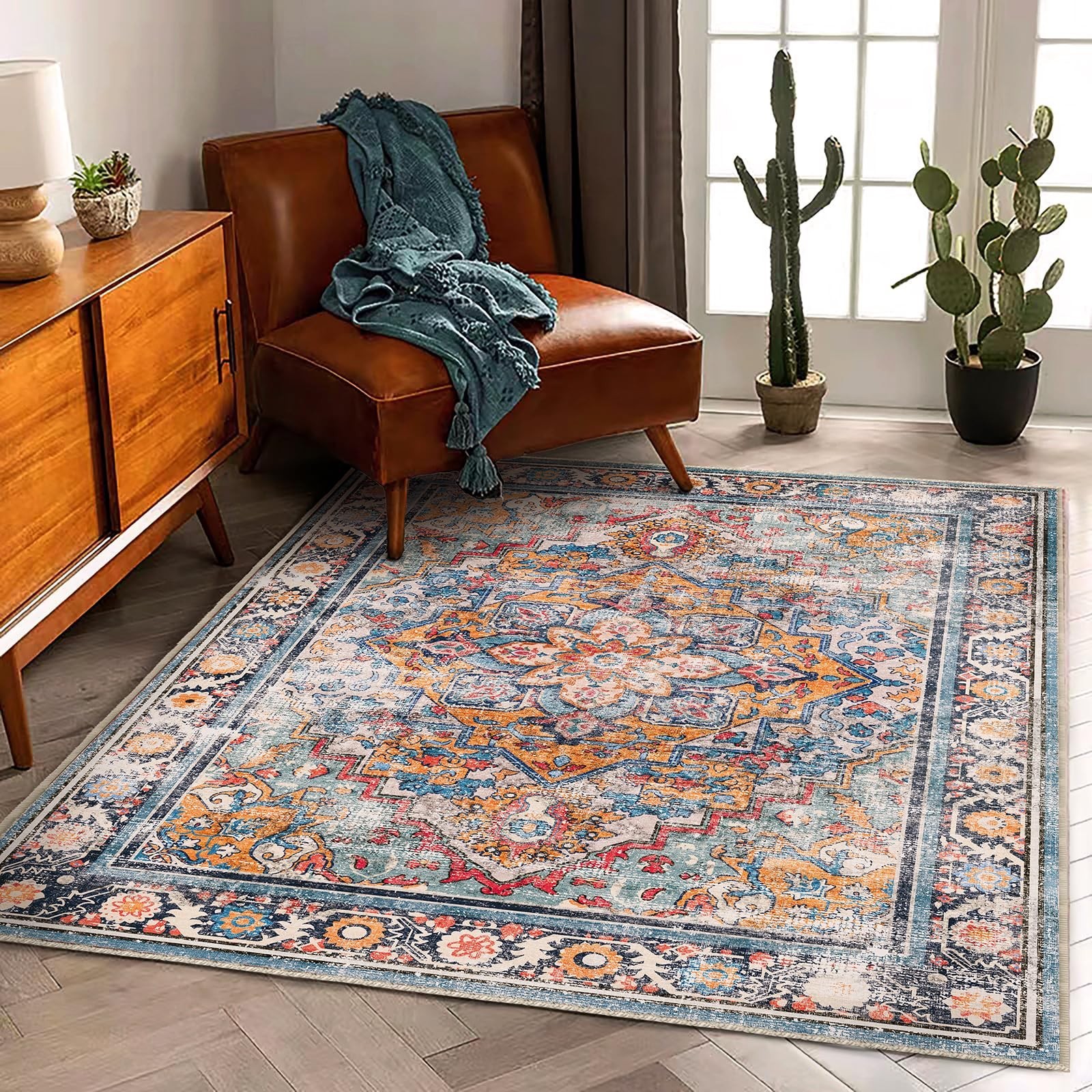 Washable 5’x7′ Area Rug – Retro Boho Medallion Design, Non-Slip Accent Carpet fo