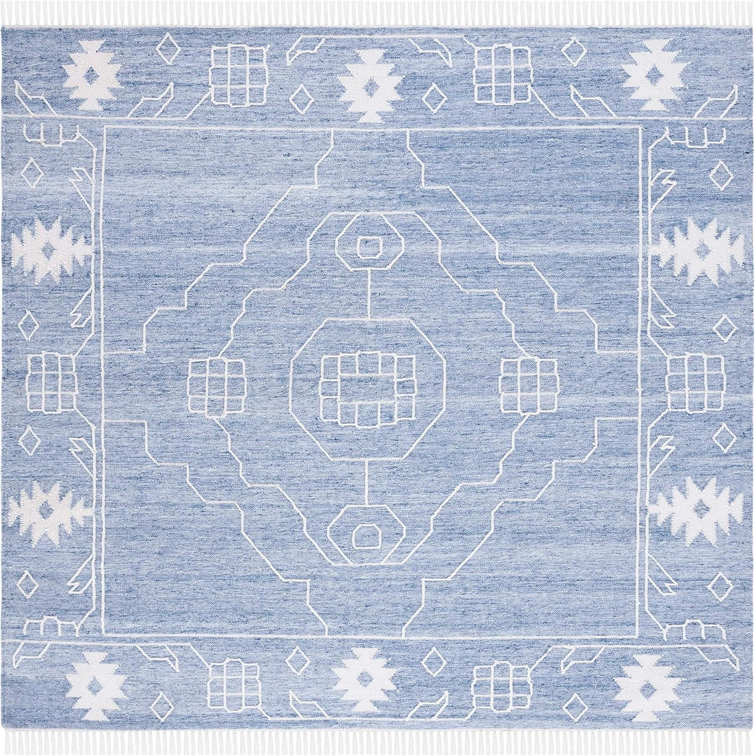 Kilim Area Rug 7′ Square – Blue & Ivory, Rustic Boho Design, Easy Care