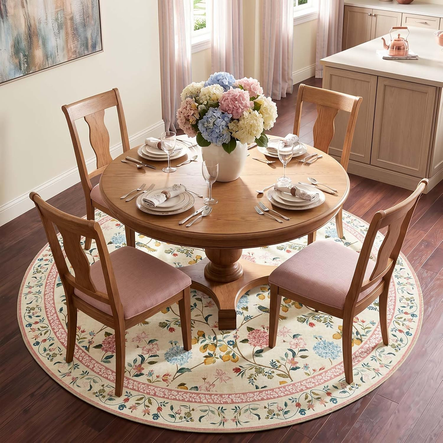 6Ft Circle Rug, Floral Soft Carpets Washable Non Slip, Botianical Flower Printed