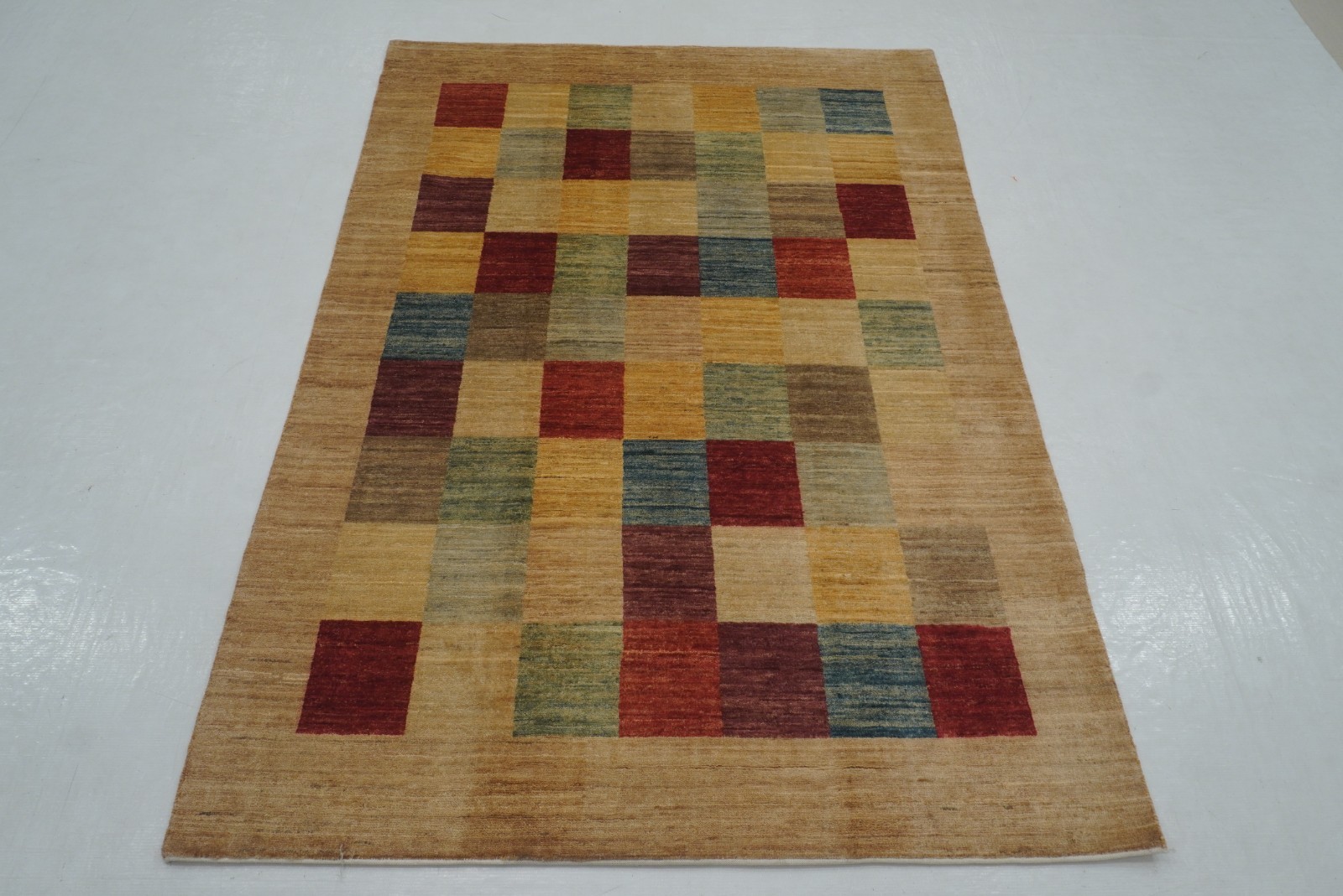 4×6 ft Check Gabbeh Beige Afghan Hand Knotted Wool Area Rug