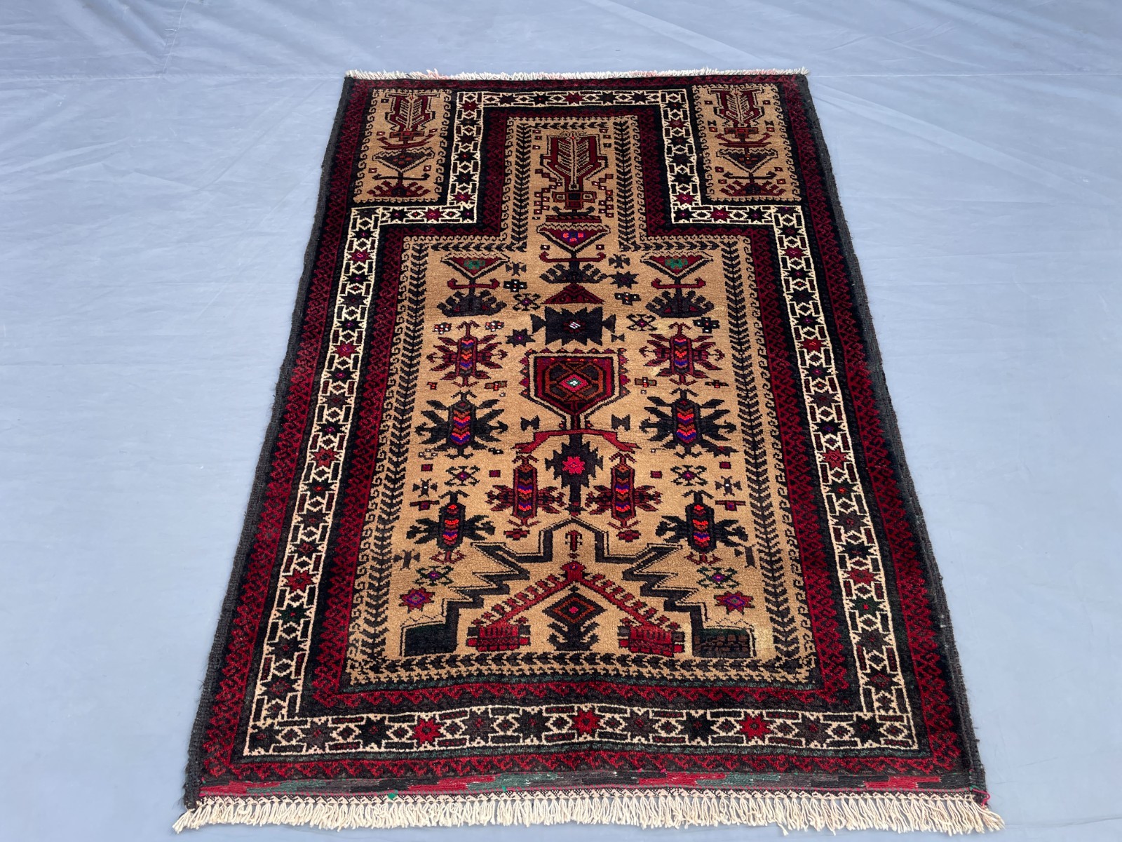 3×4 Handmade Baluchi Tribal Rug Afghan Wool Carpet Beige Red Geometric Nomad