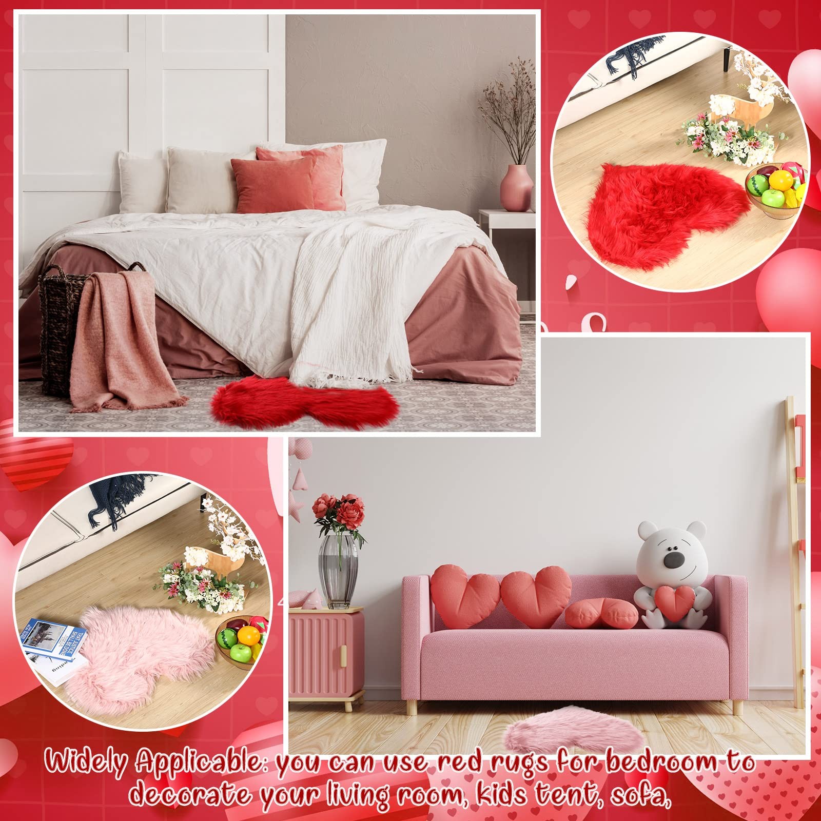 2 PCS 1.64×2 ft Valentines Day Heart Rug Red Pink Fluffy Fur Carpet Bedroom