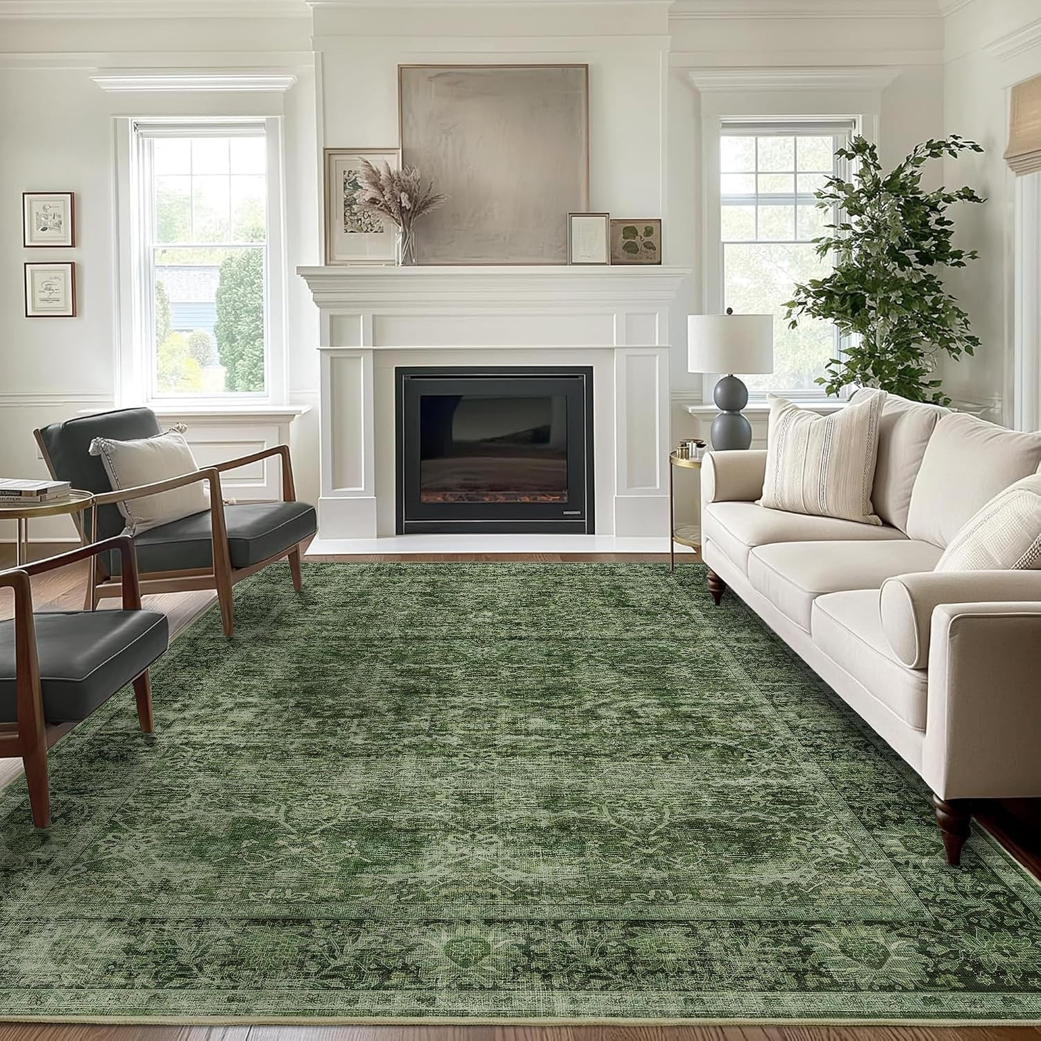 6X9 Green Washable Rug for Living Room Large Vintage Distressed Bedroom Rug Low
