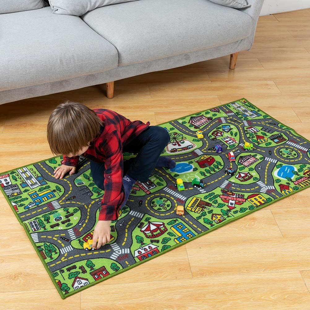 58.5″ x 31.5″ Toddler Carpet Playmat with 12 Pull-Back Vehicles for Fun Learning
