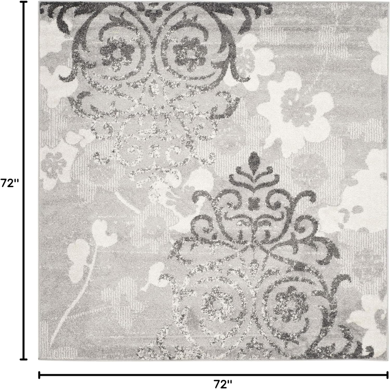 Adirondack 6′ Square Area Rug – Silver & Ivory Floral Glam, Easy Care