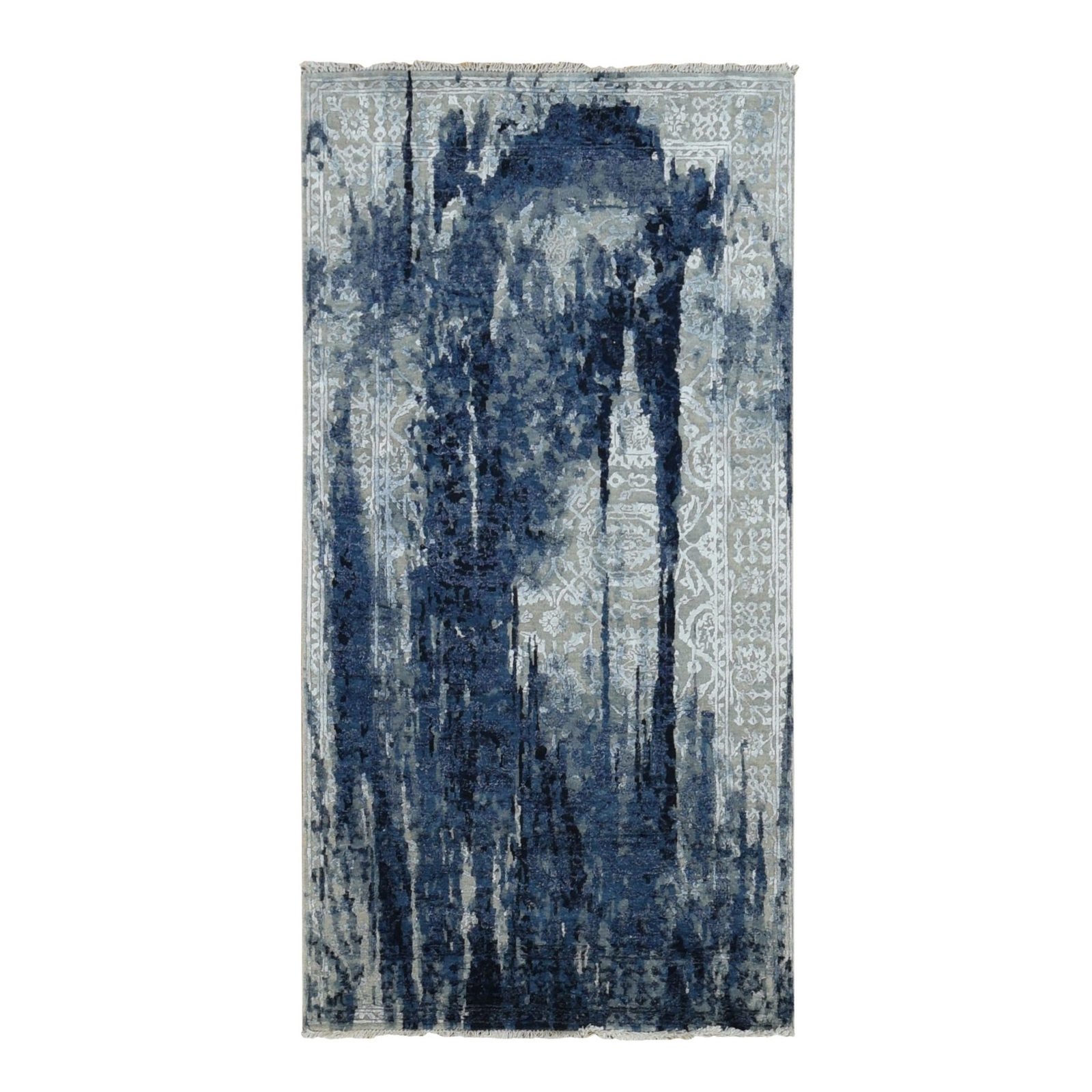 4’x8′ Denim Blue Shibori Design Wool Silk Hand Knotted Gallery Size Rug R87677