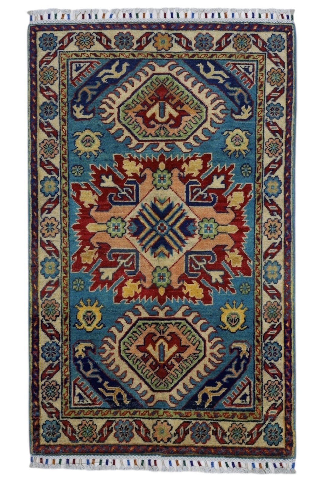 Hand-Knotted Kazak Afghani Wool Rug | Blue & Red 2’6″ x 4’0″