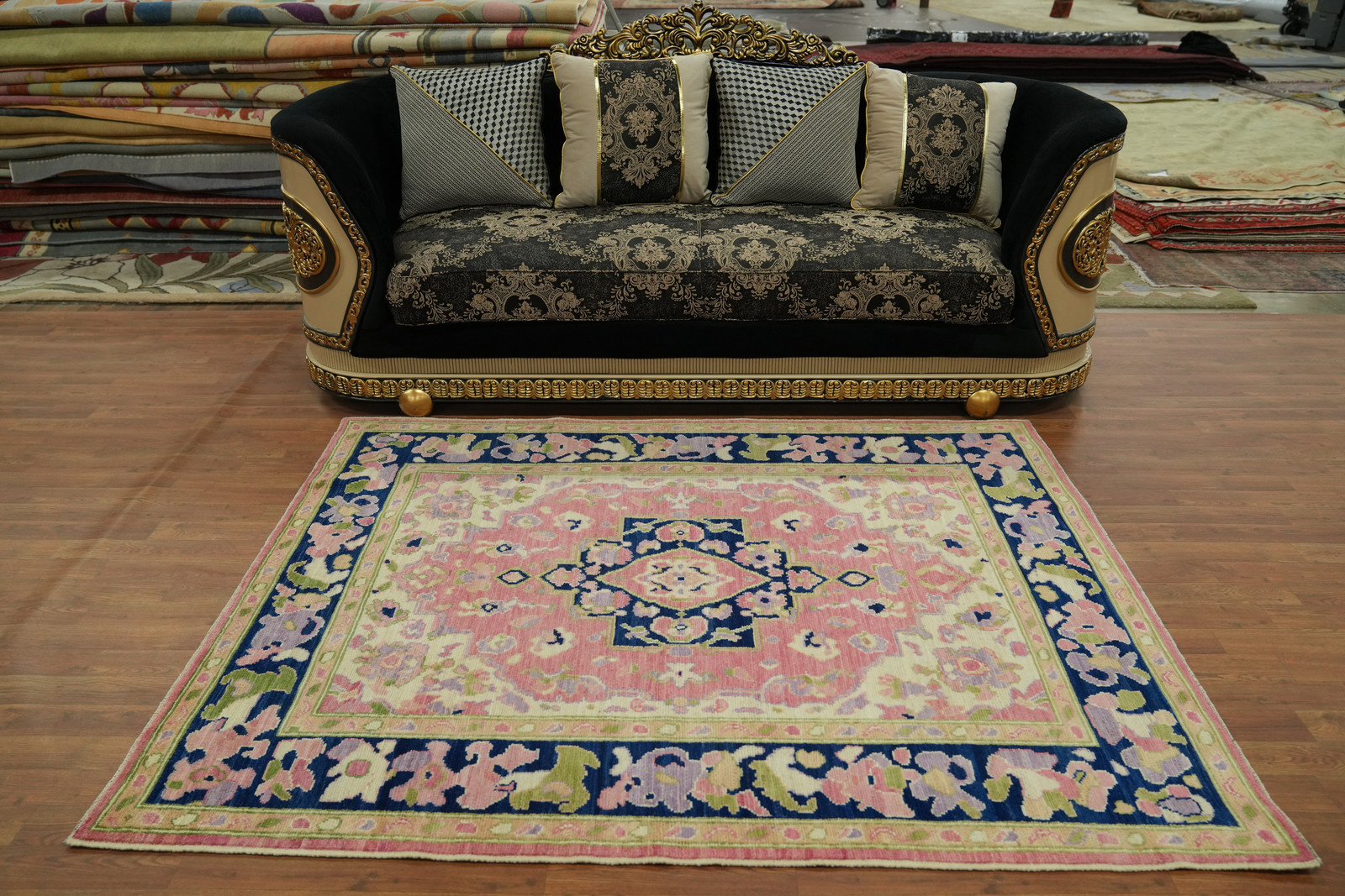 Vegetable Dye Pink/ Navy Blue Oushak Turkish Rug 5×7 ft Hand-knotted Wool Carpet
