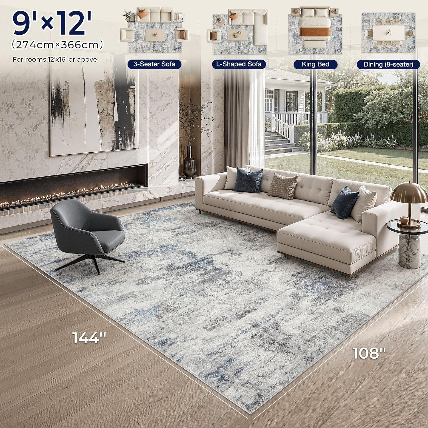 9X12 Area Rug for Living Room, Washable & Non Slip Large Indoor Carpet, Kid & Pe