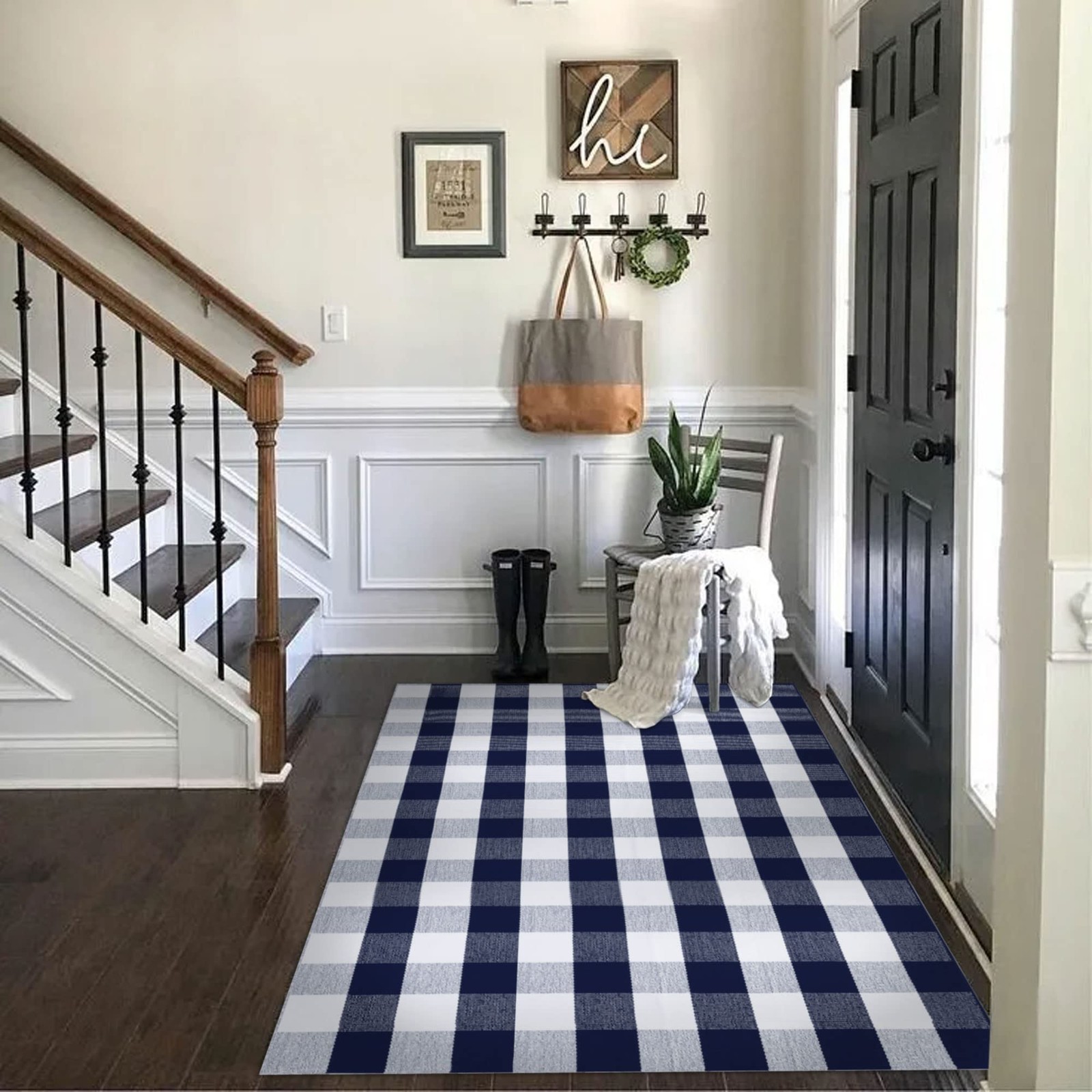 Buffalo Plaid Rug 4′ x 6′ Navy Blue and White Large Front Door Mat, Layering …