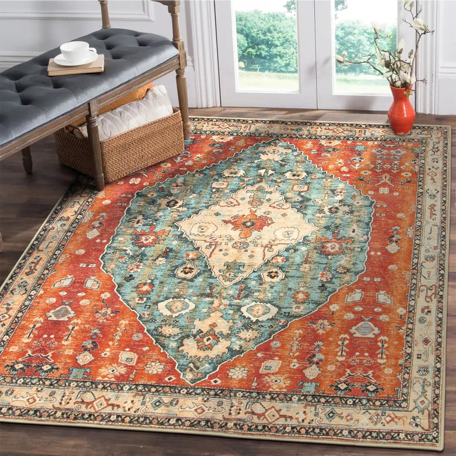 Felice Boho Tribal Square 4X4 Washable Rug, Soft Living Room Kitchen Entry Rugs