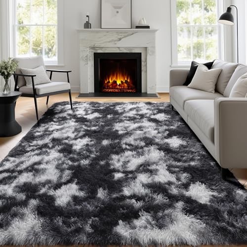 9×12 Area Rugs Living Room, 9′ x 12′ (Rectangular) Tie Dyed-black White Grey
