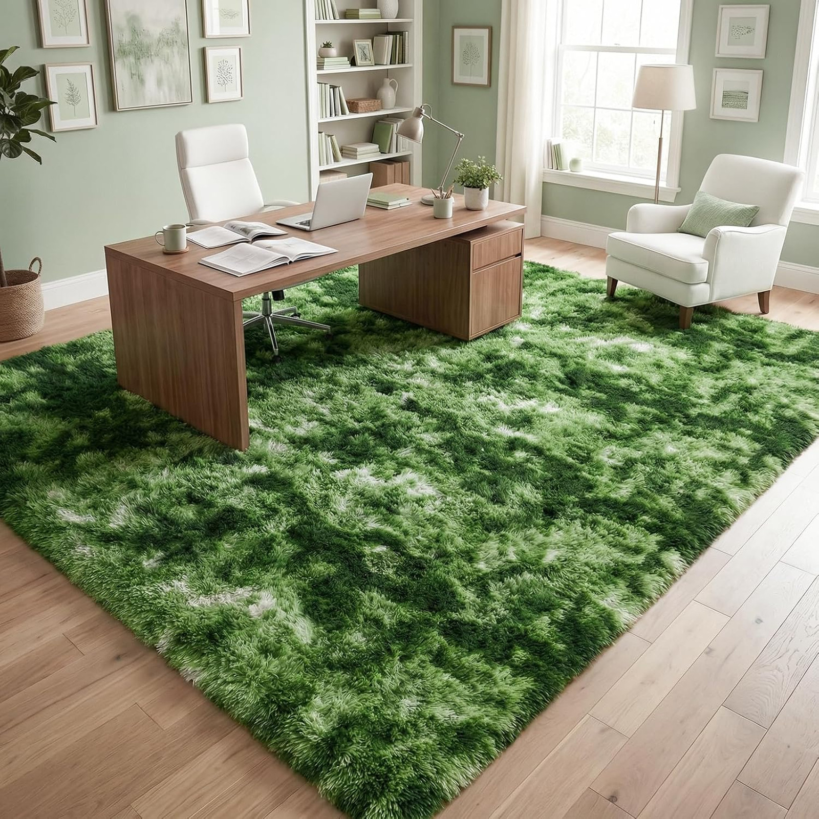 Fluffy Dark Green Rug 3×5 Feet Plush Shaggy Tie-Dye Bedroom Living Room Non-Slip