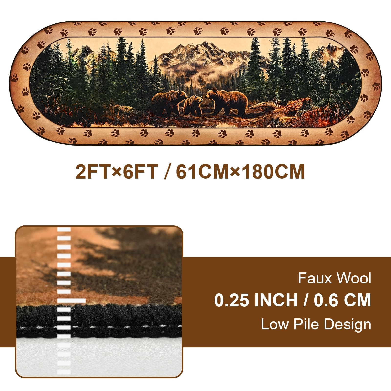 Rustic 2×6 Runner Rug Non Slip – Cabin Bear Oval Rug Runners for Hallways, So…