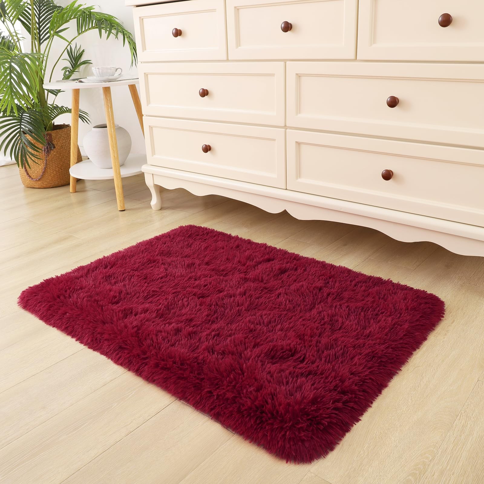2×3 Ft Fluffy Burgundy Rug Washable Non Slip Plush Faux Fur Floor Carpet