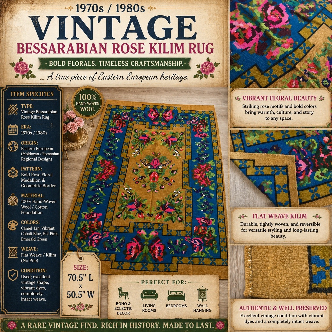 Vintage Bessarabian Kilim Rug Floral Rose Wool 70×50 Moldovan Romanian Flatweave