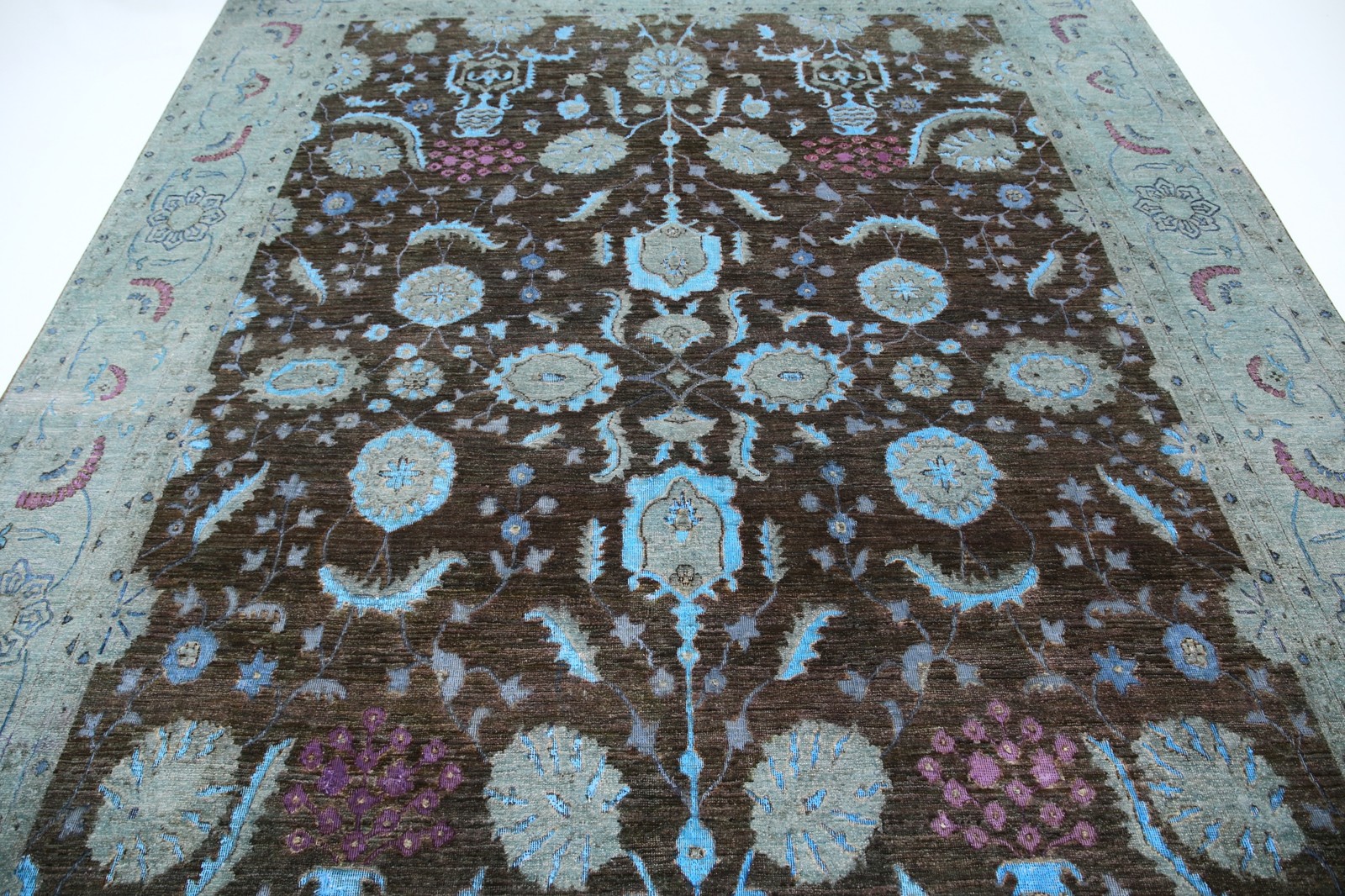 8.7×11.8 ft Handmade Gray, Light Blue & Lavender Rug. Floral Vase Design Carpet