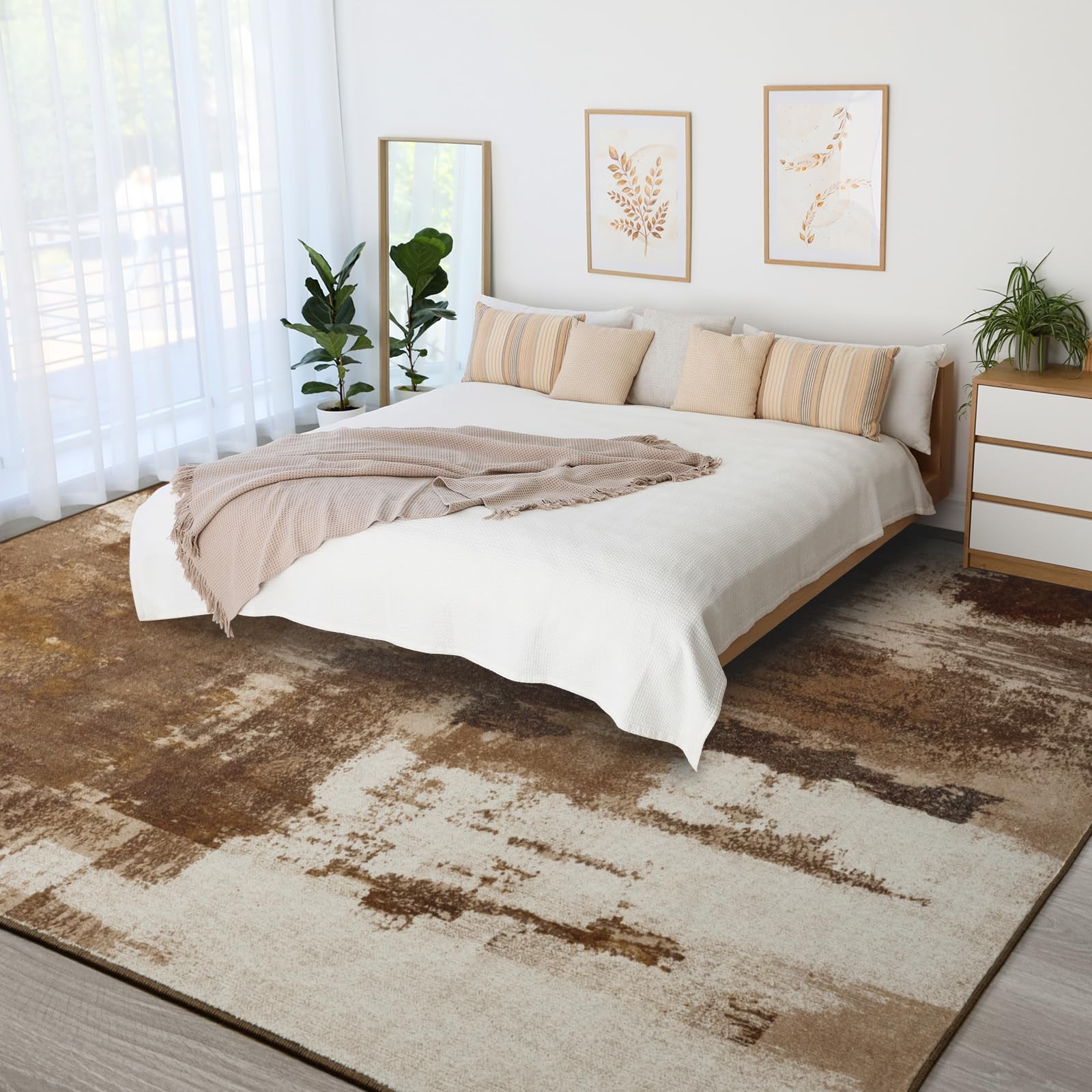 Living Room Rug, 5×7 Rug Modern Abstract Washable Rugs Brown Foldable Faux Wo…