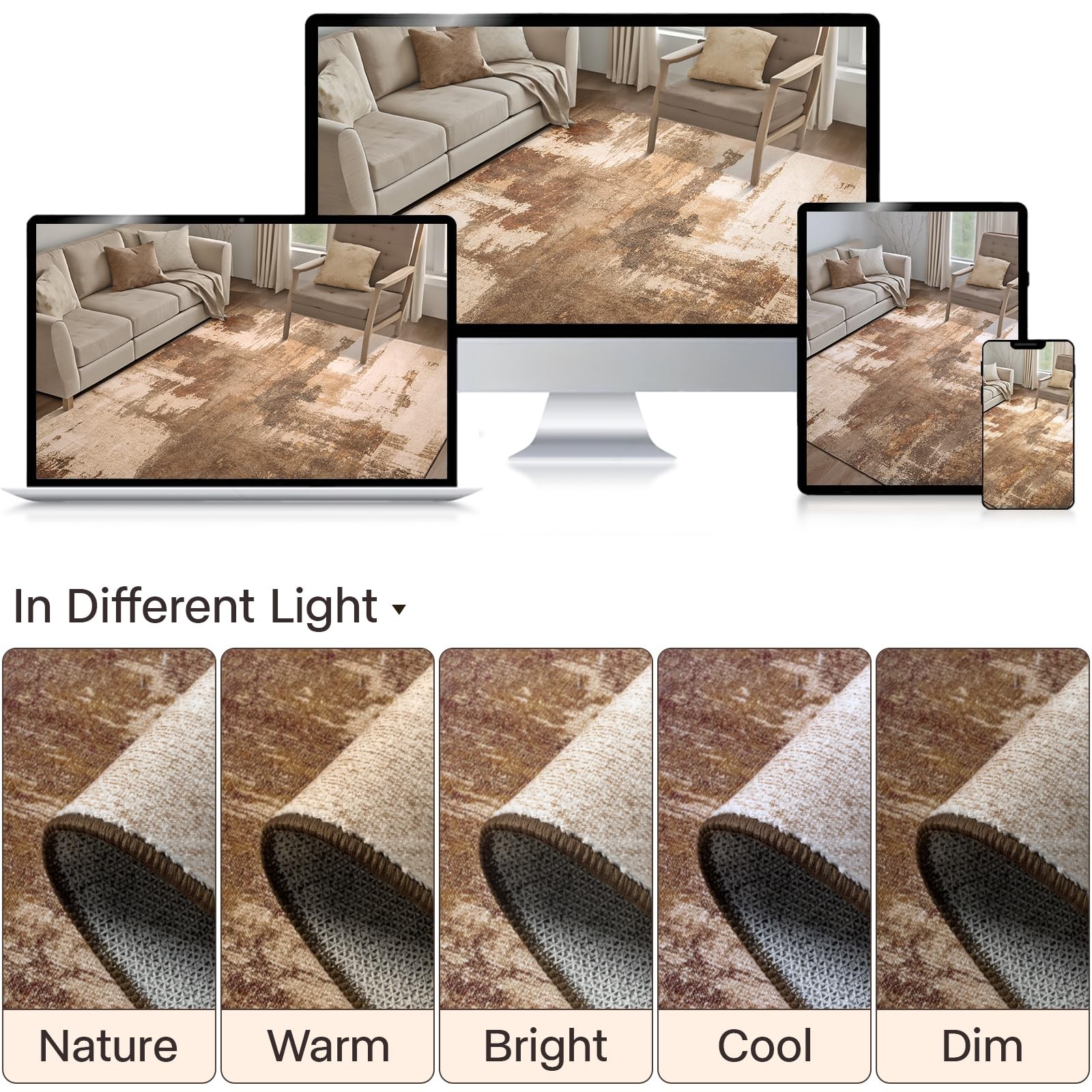Living Room Rug, 5×7 Rug Modern Abstract Washable Rugs Brown Foldable Faux Wo…