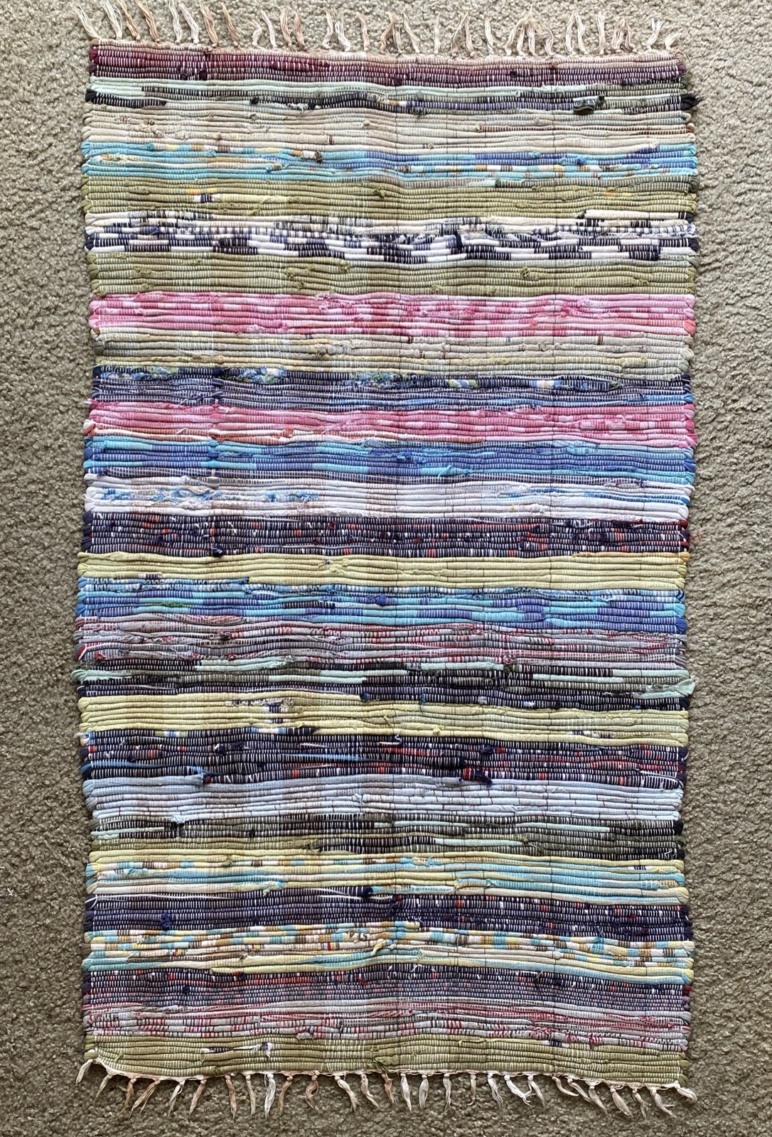 Vintage Rag Rug Handwoven Boho Farmhouse Cottage Chic Accent 48” X 28” W/Fringe