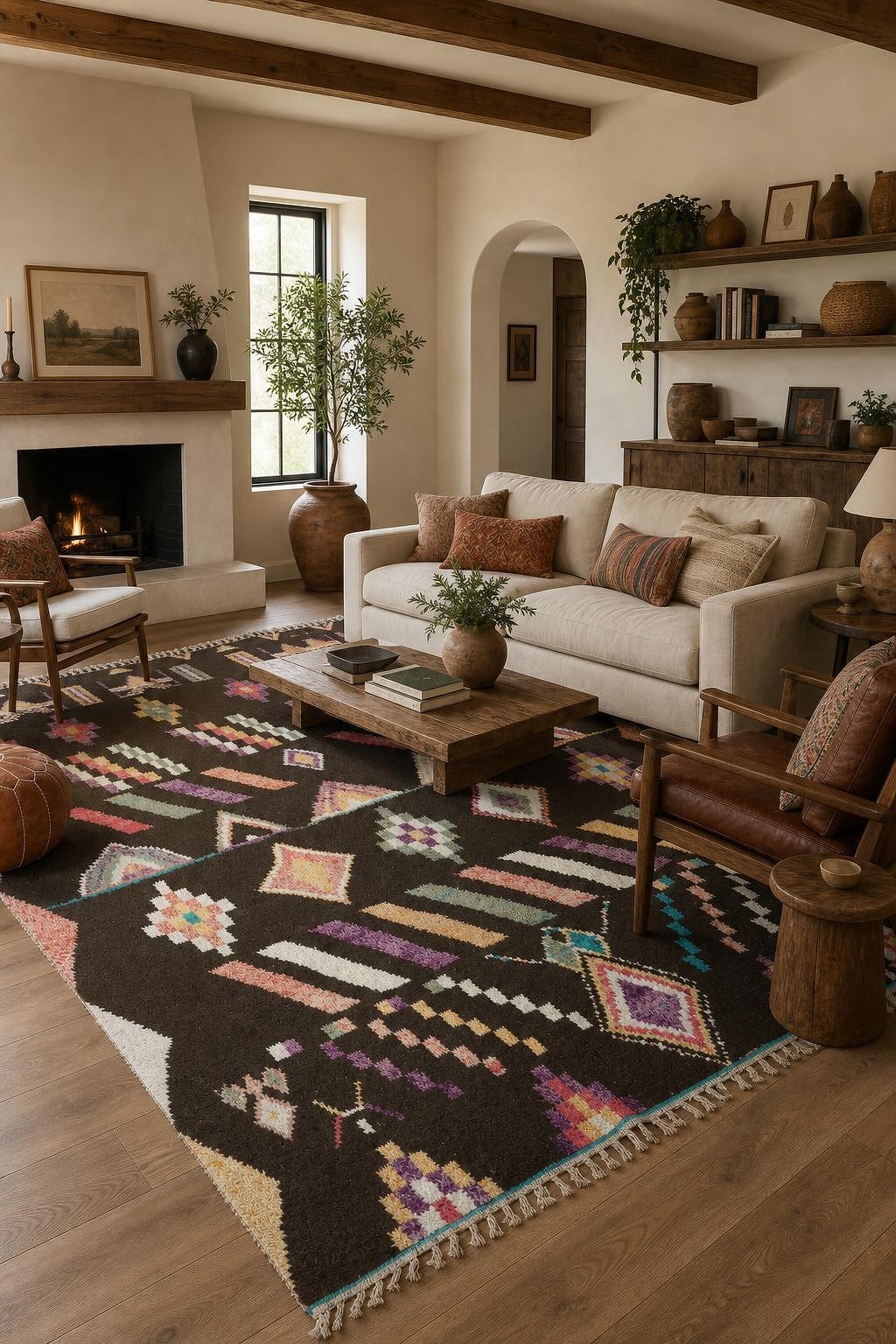 Modern Moroccan Brown Geometric Bright Colors 9×12 Hand-Knotted Wool Area Rug