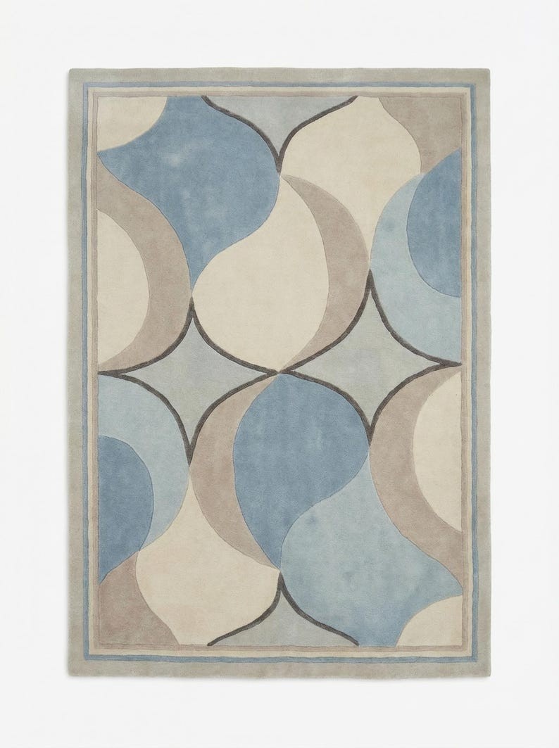 Modern Geometric Abstract Area Rug, Soft Blue & Beige Living Room Carpet