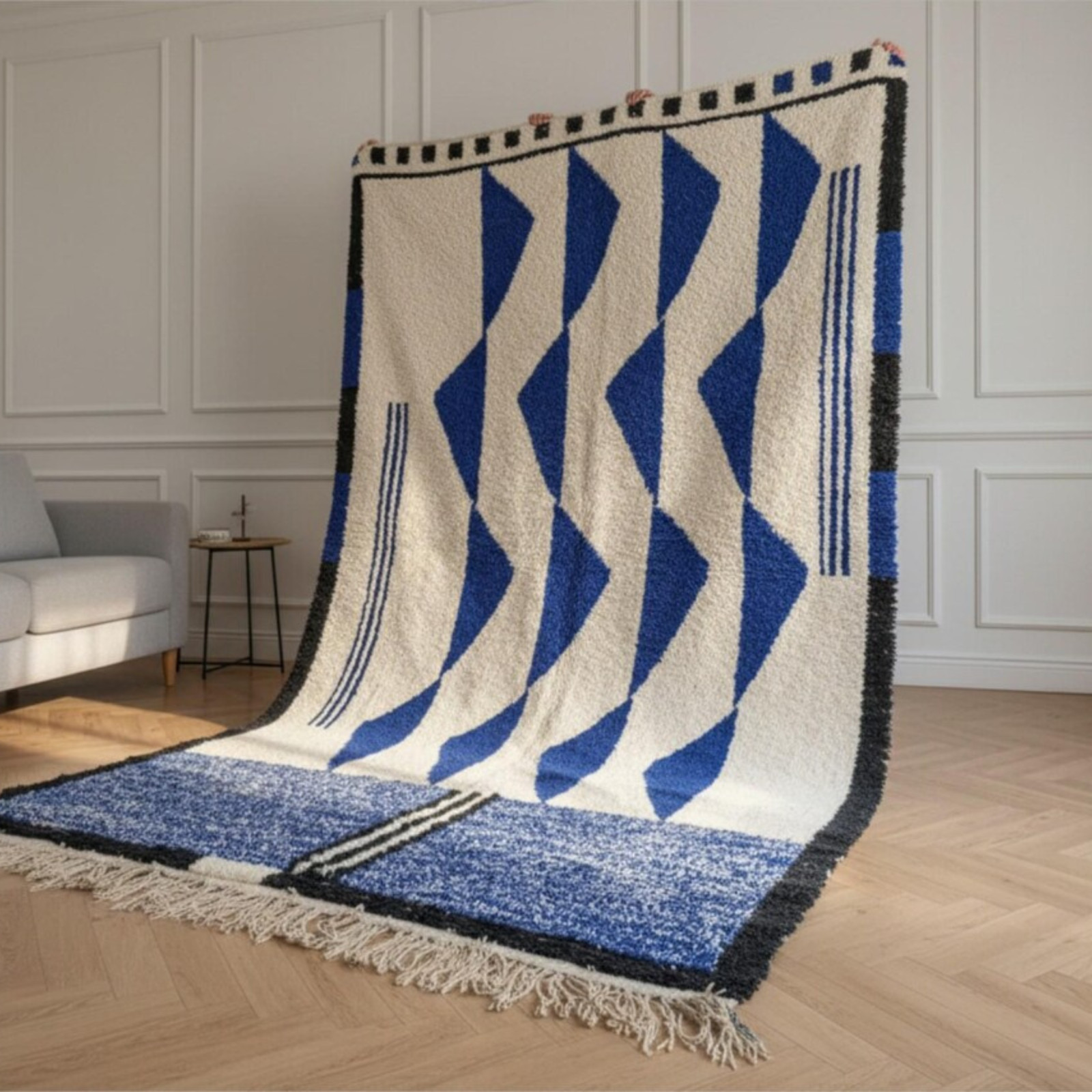 Handwoven Moroccan Style Wool Area Rug Blue White Modern Geometric Carpet