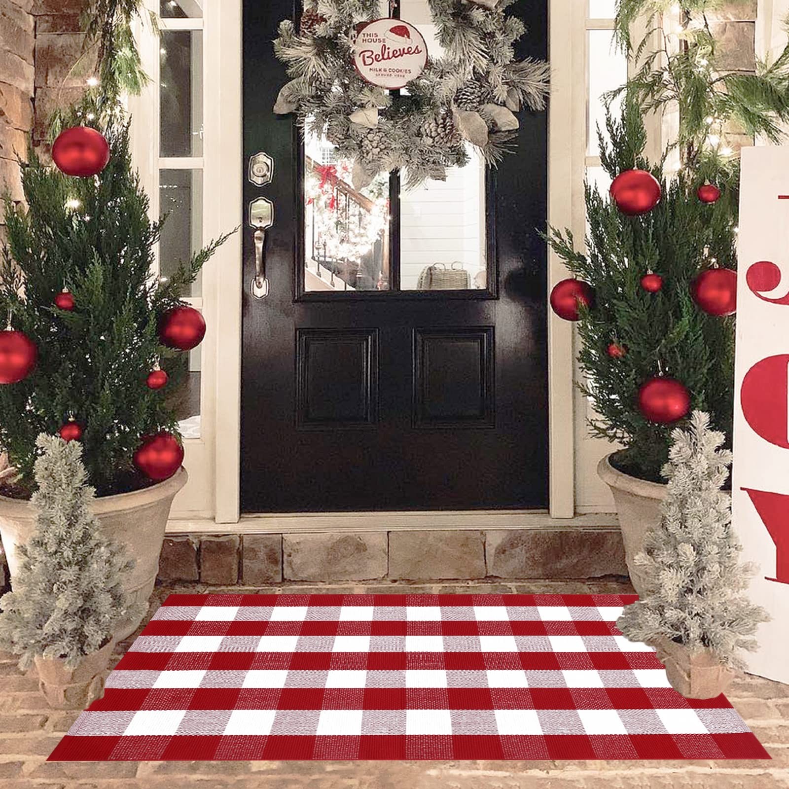 Homydecor Christmas Red And White Plaid Rug 3 X 5 Cotton Hand-Woven Layered