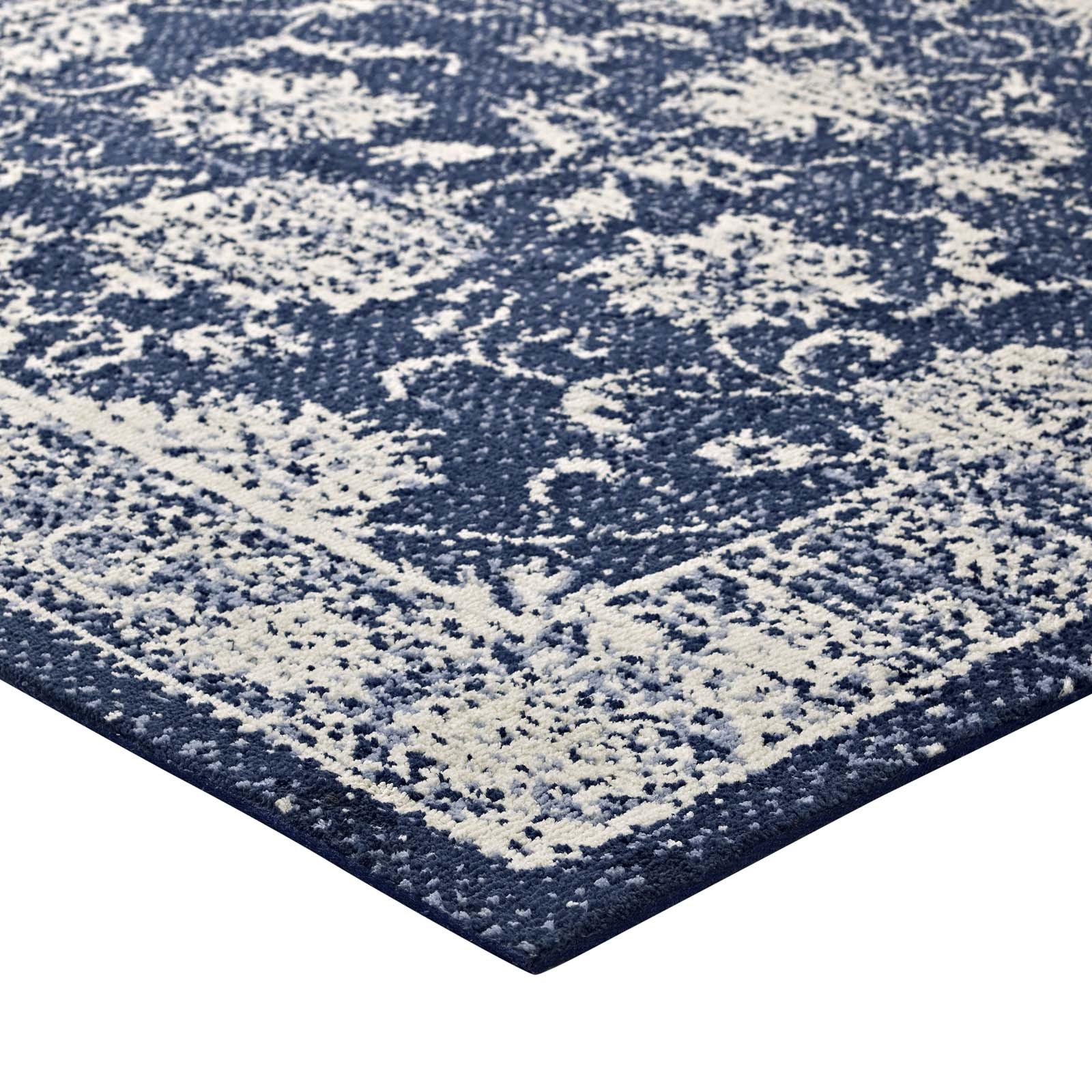 Distressed Vintage Persian Floral Lattice 5×8 Area Rug in Dark Blue and Ivory