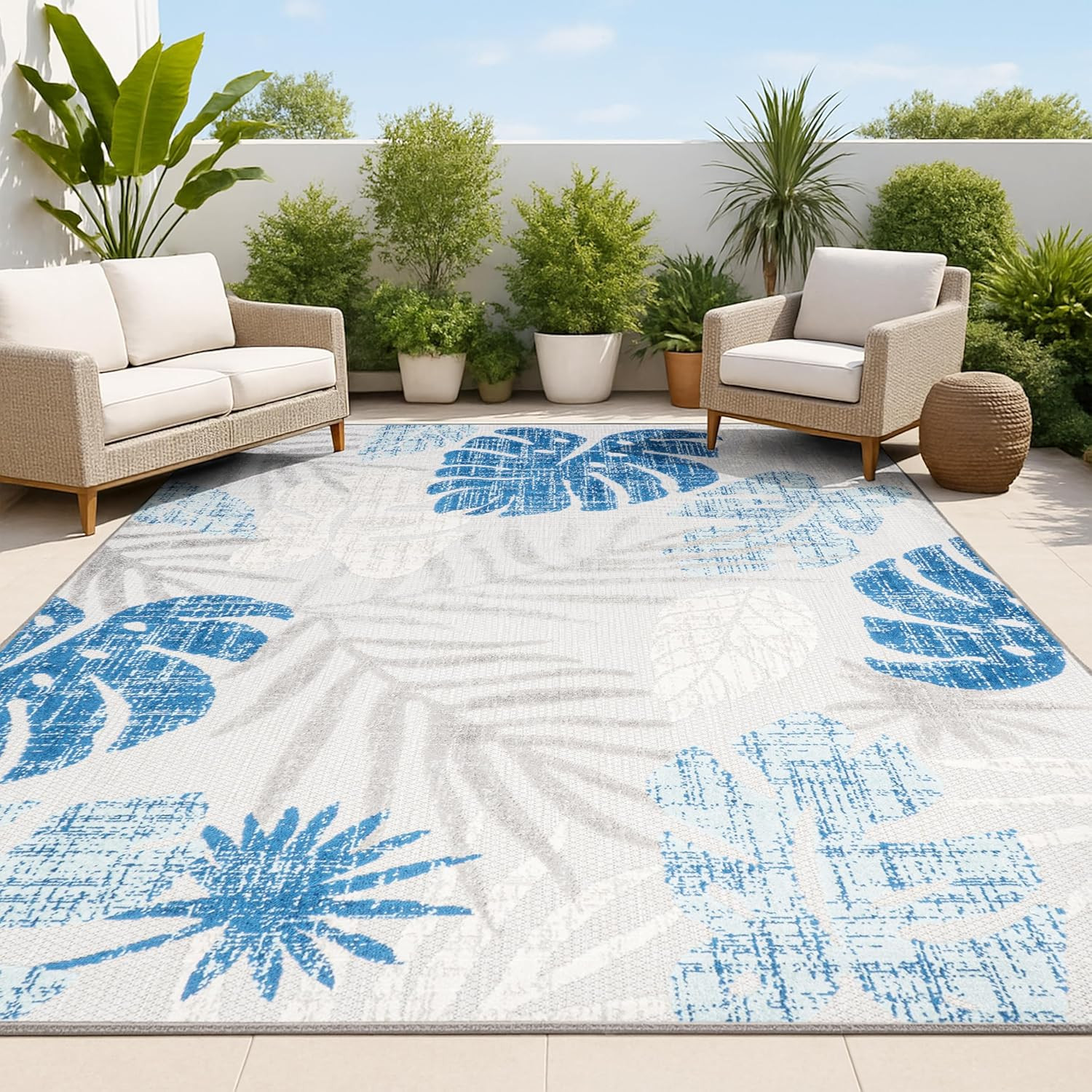 Tropical Leaf Indoor Outdoor Area Rug 3X5 Light Gray/Navy, Monstera High-Low for