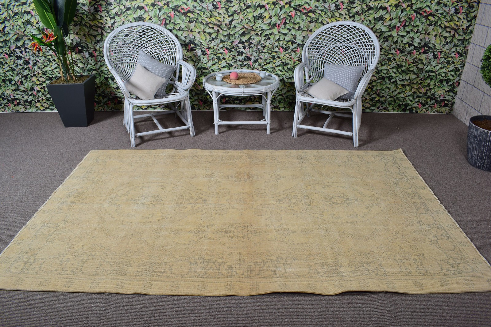 Turkish Rug, 5,2×8,4 ft Large Rug, Yellow Gray Wool Rug