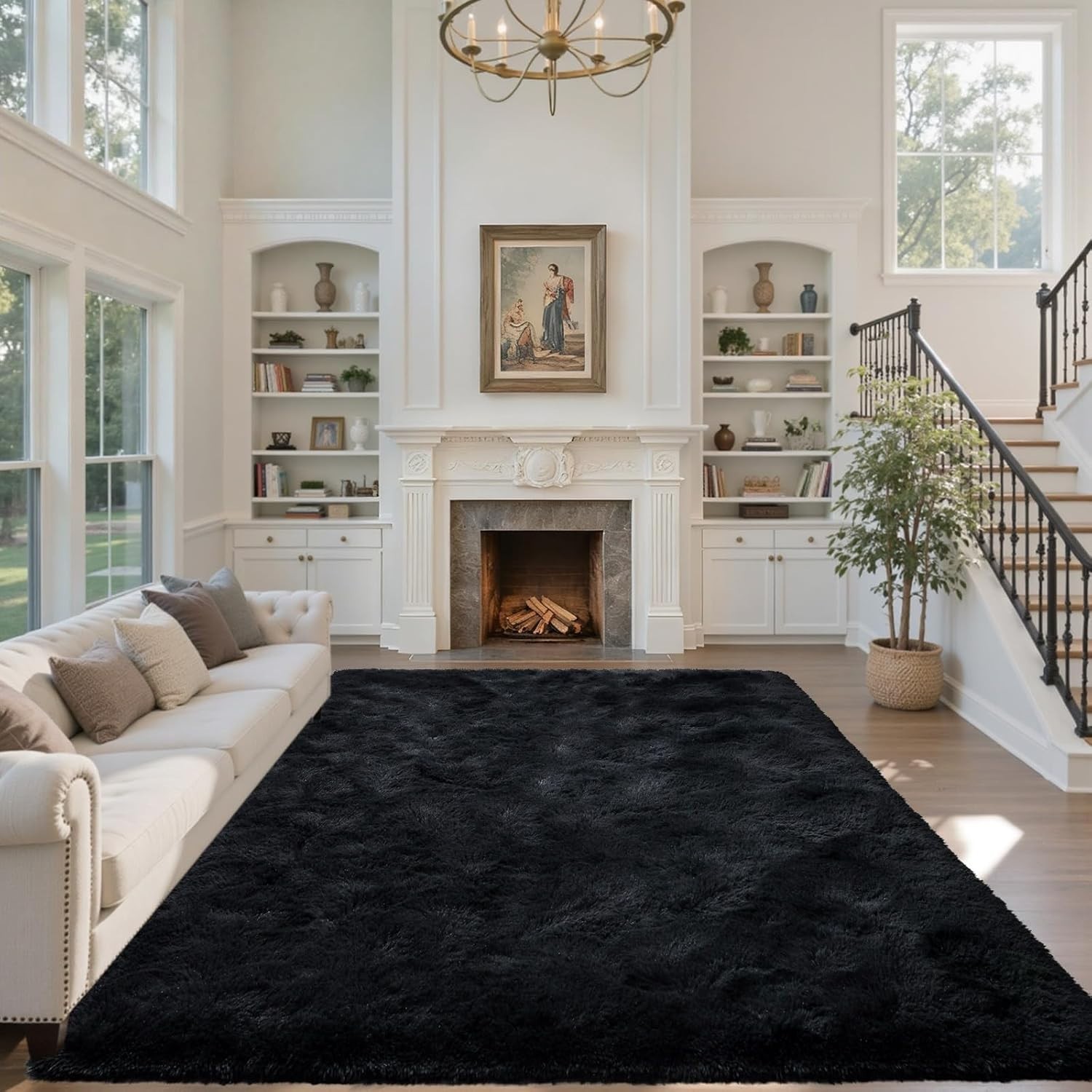 5X7 Black Area Rugs for Living Room, Large Fluffy Shag Bedroom Rugs Non-Slip, Ul