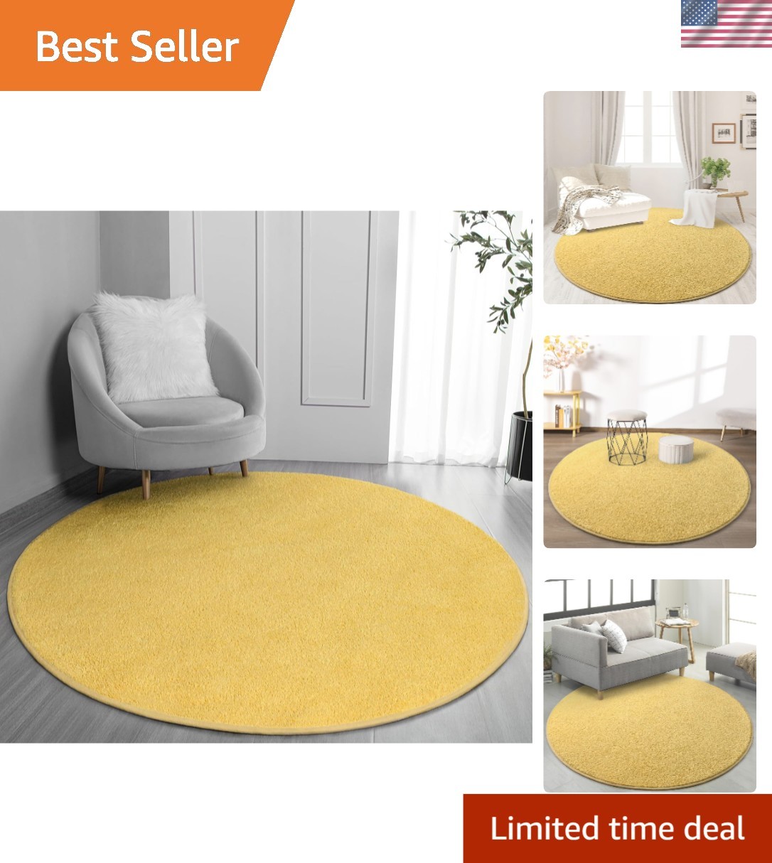 Round Area Rug for Bedroom Living Room Soft Comfy 4×4 Yellow Modern Minimalist