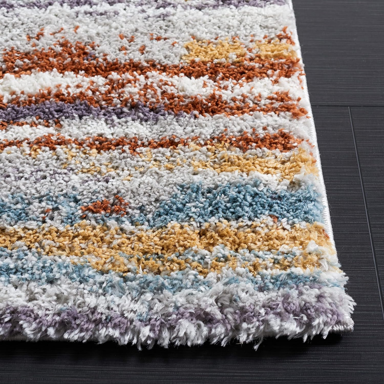 Berber Shag Area Rug 9′ x 12′ – Blue Rust Ivory Stripe, Non-Shedding, Easy Care