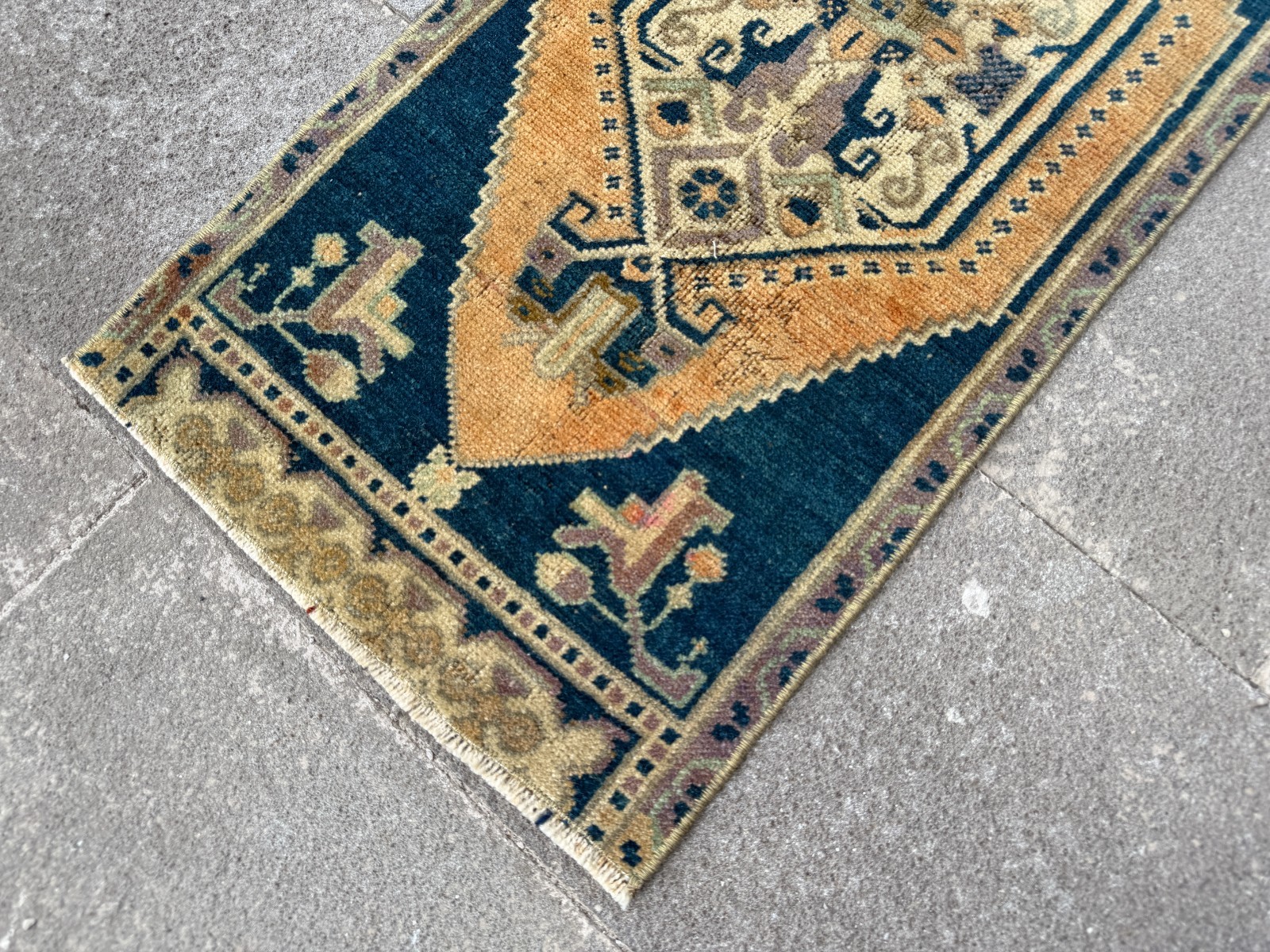 Handwoven Anatolian Accent Carpet 1.4×3.1 Ft Navy Camel Tribal Wool Decor