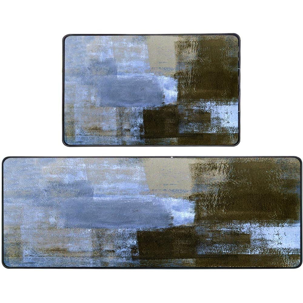 TOMWISH Vintage Blue Brown Abstract Kitchen Rug Set 17″x48″ + 17″x24″