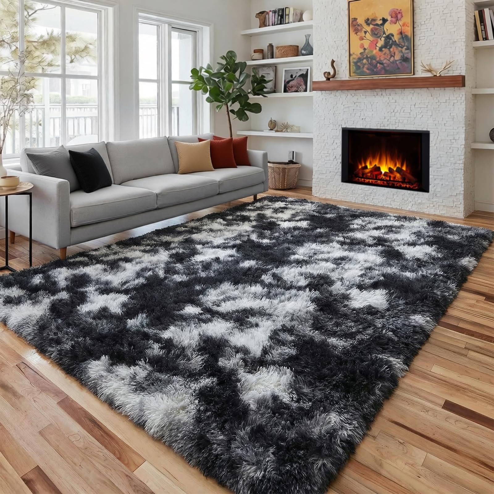 PAGISOFE Black White Grey Bedroom Rug 4×6 Ft, Soft Fluffy Fuzzy Plush Indoor
