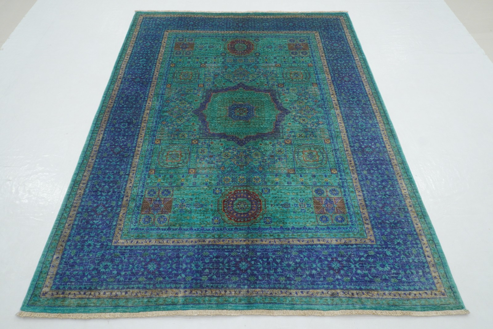 5×7 ft Turquoise Blue Mamluk Afghan Hand Knotted Wool Medallion Rug