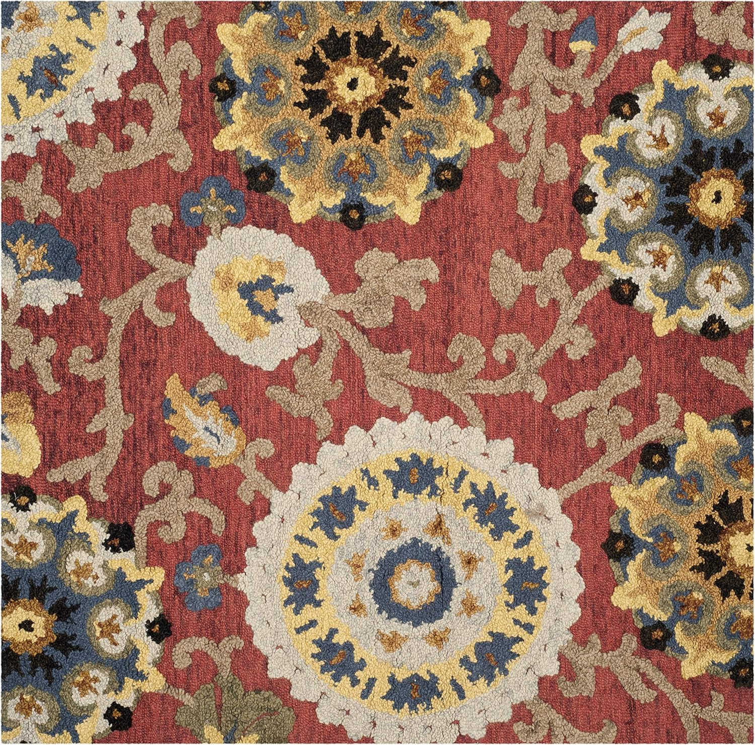 Handmade Blossom Collection 6′ Square Area Rug – Red & Multi for High Traffic Ar