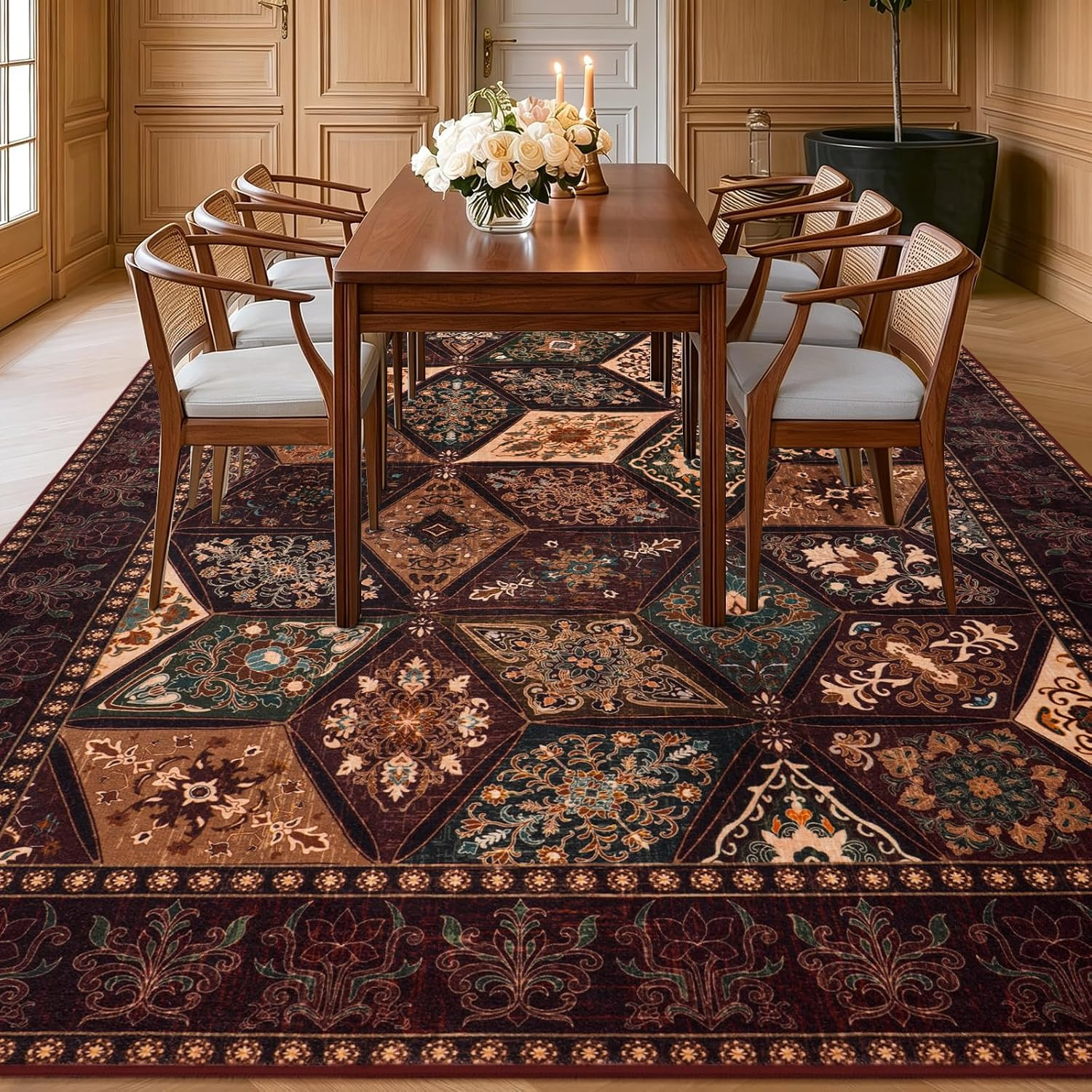 Vintage Rug 6X9, Washable Distressed Patchwork Rug for Living Room, Brown | Eleg