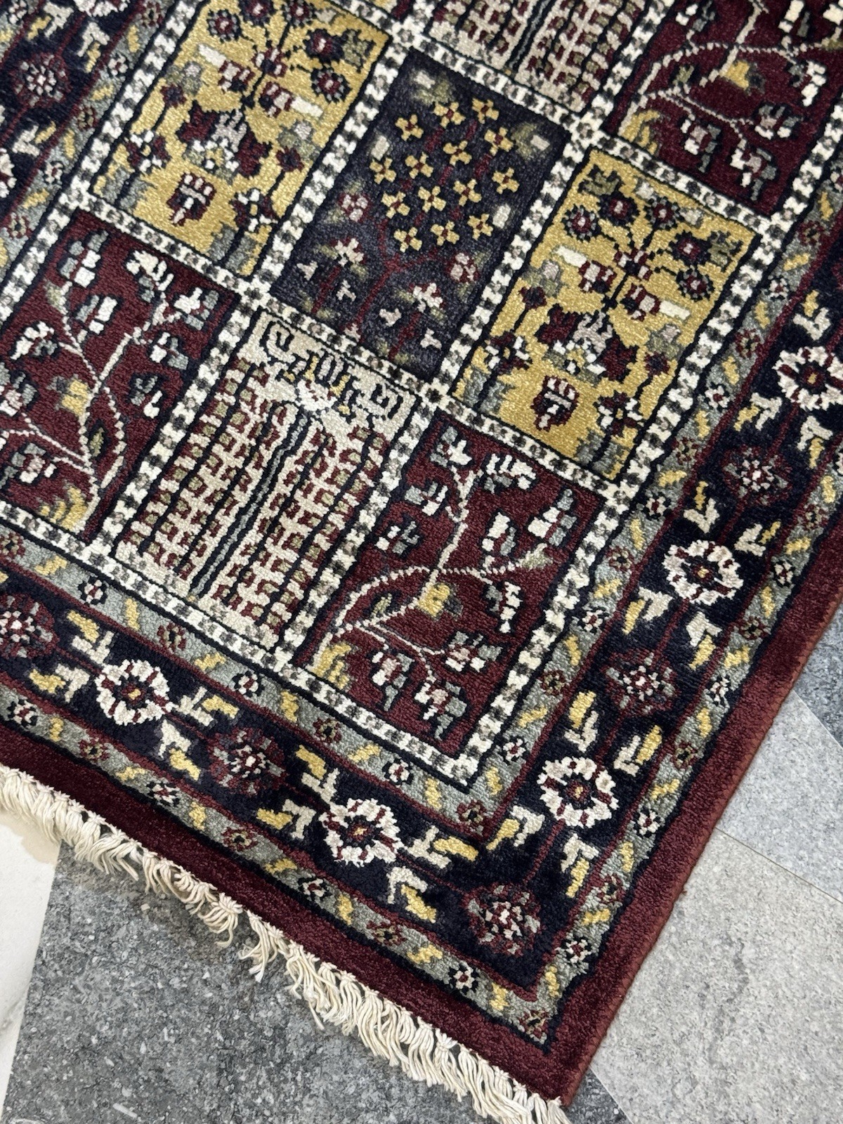 Hand knotted wine red wool art silk rug: 2x3ft Mughal garden tree design