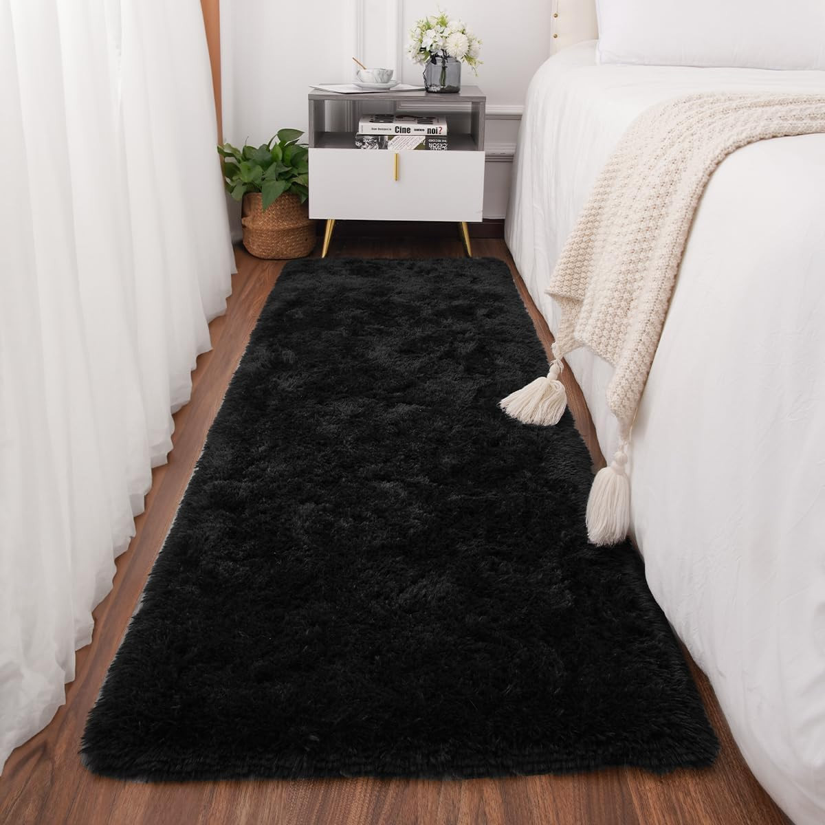 Black Runner Rug for Bedroom 2X6 Feet, Fluffy Shag Area Rugs