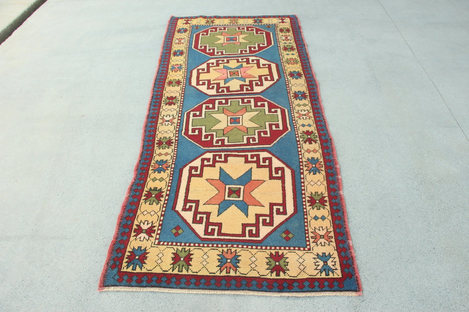 Turkish Area Rug 3,2×7,7 ft, Blue Abstract Vintage Wool Rug