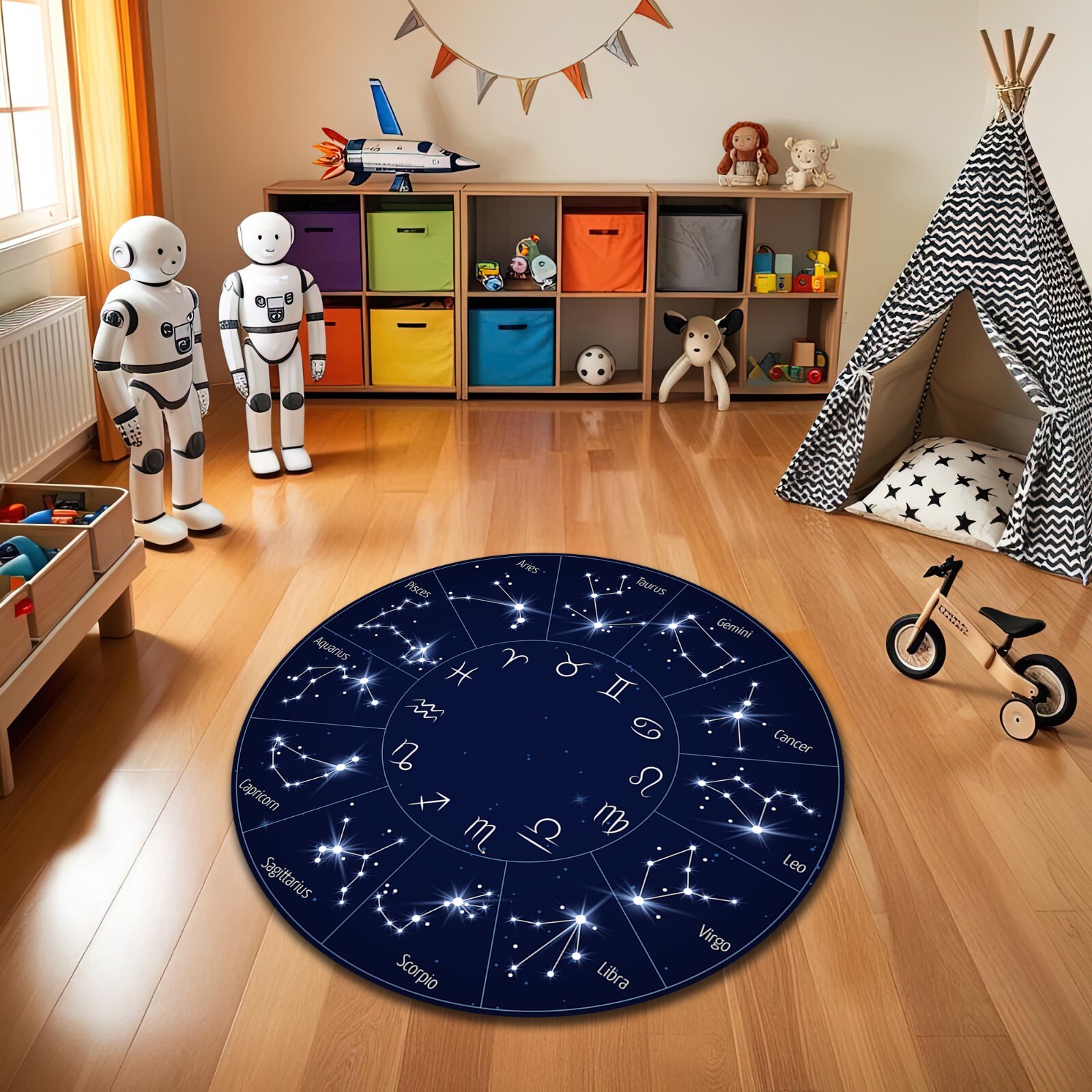 Dark Blue Color Zodiac Themed Nonslip Washable Round Rug Astronomy Carpet