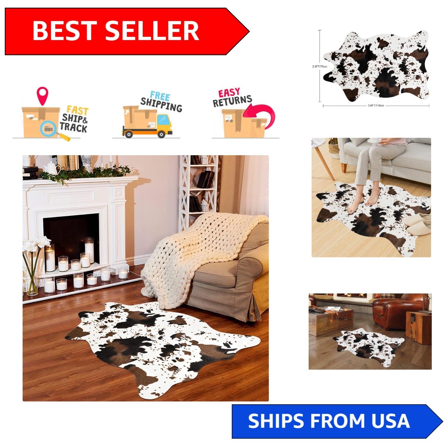 Luxury Cow Print Microfiber Rug 43×29.5 IN – Ideal for Entryway & Living Room