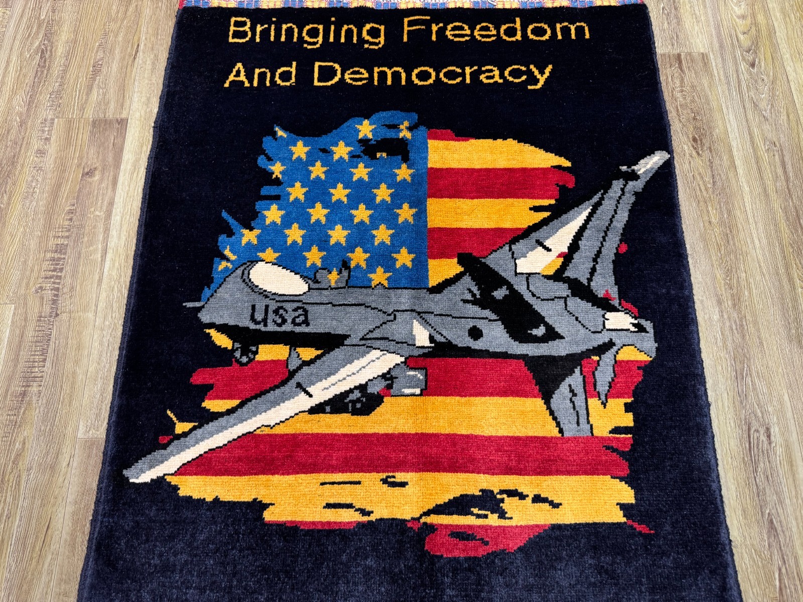 2×4 Afghan Pictorial Rug Hand Knotted Wool USA Fighter Jet Aviation Carpet