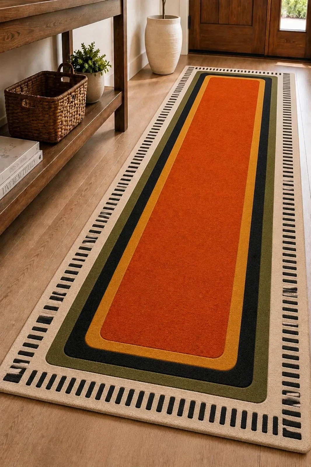 New Hand Tufted Geometric 100 % Wool Runner Rug, Modern Burnt Orange Hallway