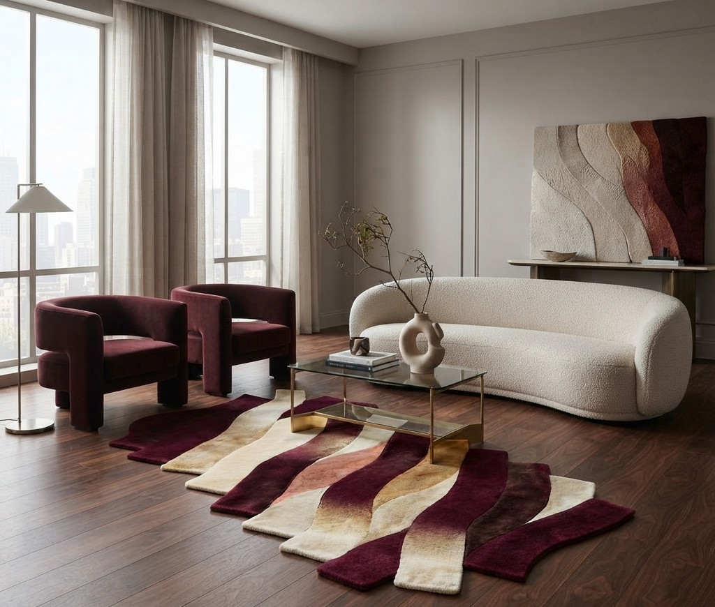 Modern Abstract Burgundy Wool Rug Hand Tufted Irregular Area Rugs Ivory Carpet