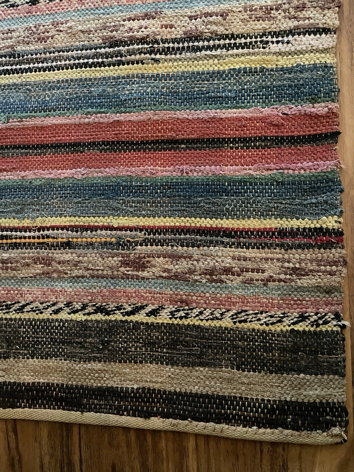 VTG Handmade Woven MCM Rag Rug 89×31 Farmhouse Country Blue Red Black Brown