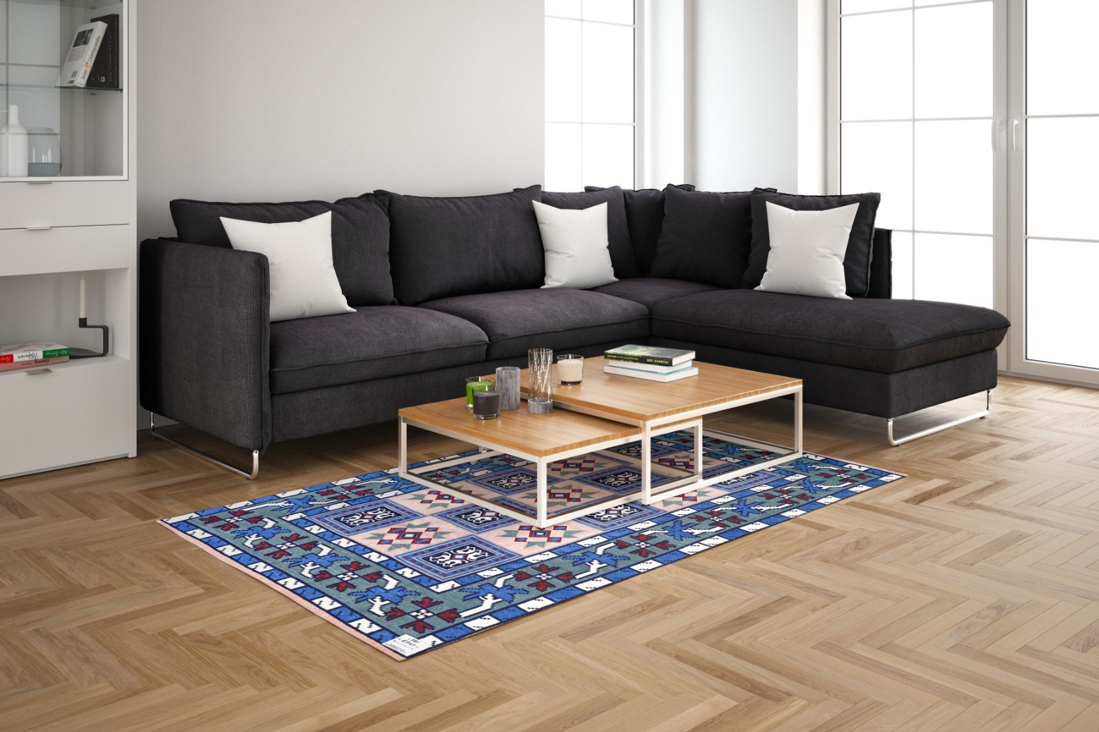 Handwoven Cotton Rug 5′ x 6’7″ Blue Tribal Geometric Dhurrie 5201